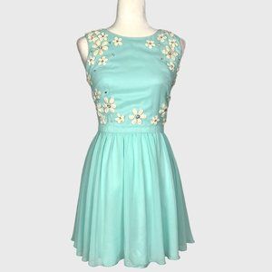 Chi Chi London Aqua Blue Green Sleeveless Party Dress Floral Applique size 4